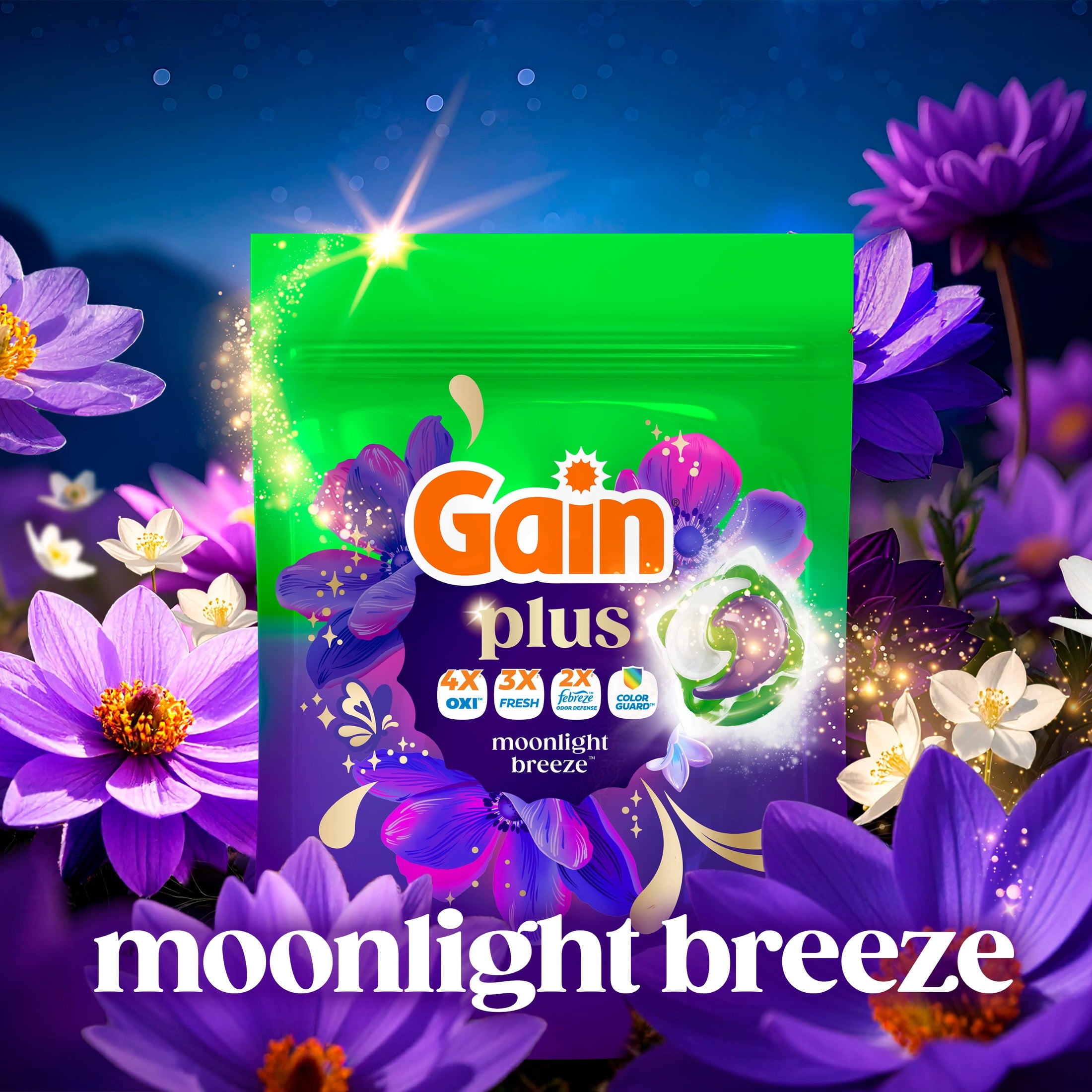 Gain Plus Flings Laundry Detergent Liquid Washing Pacs - Gain's Best All-In-One Clean, Moonlight Breeze Scent, 18 Count